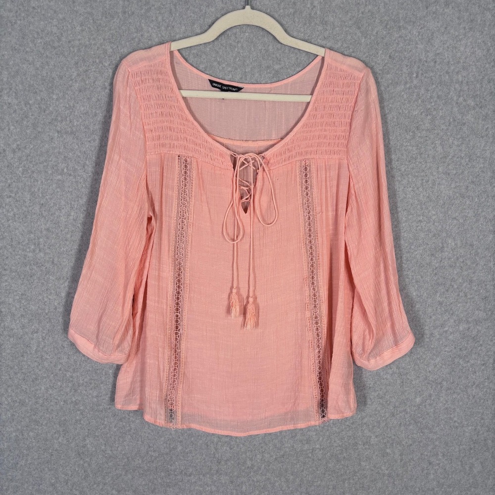 Crochet Smocked Crinkle Blouse Medium Pink Eyelet Sheer Peasant‎ Cottage Lace Up
